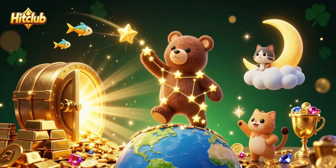 Experience excitement at Hitclub with dazzling treasures and playful characters in a captivating casino scene.