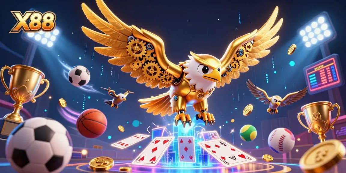 X88 illuminates a thrilling casino scene with golden eagle, flying playing cards, and sports betting elements.