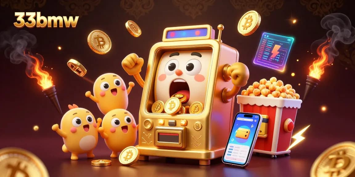 33bmw slot machine celebrates a jackpot win with Bitcoin and Ethereum coins scattered around