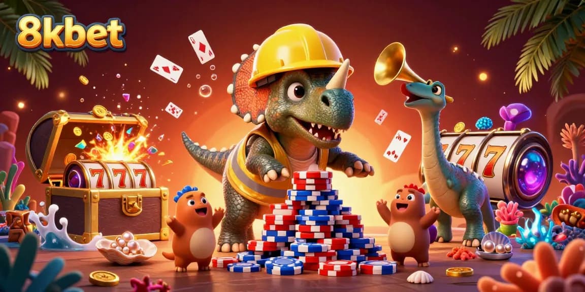 Engage in thrilling gaming with 8xbet, where a fun-filled casino scene comes alive with cheerful dinosaurs and colorful visuals.