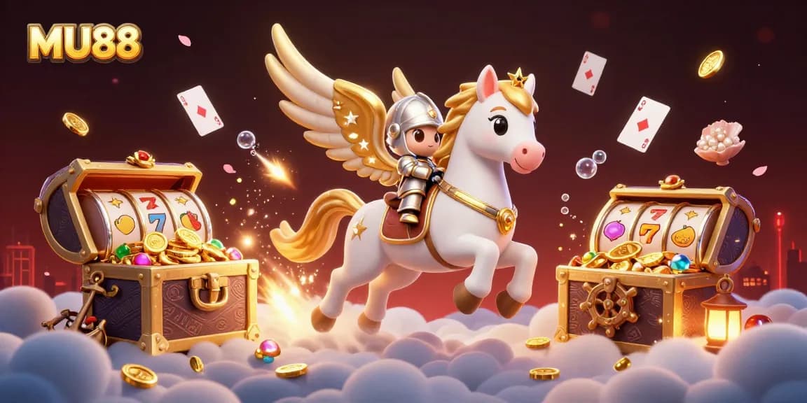 Experience thrilling gameplay at MU88 with a captivating illustration of a celestial horse and knight amidst vibrant casino symbols.