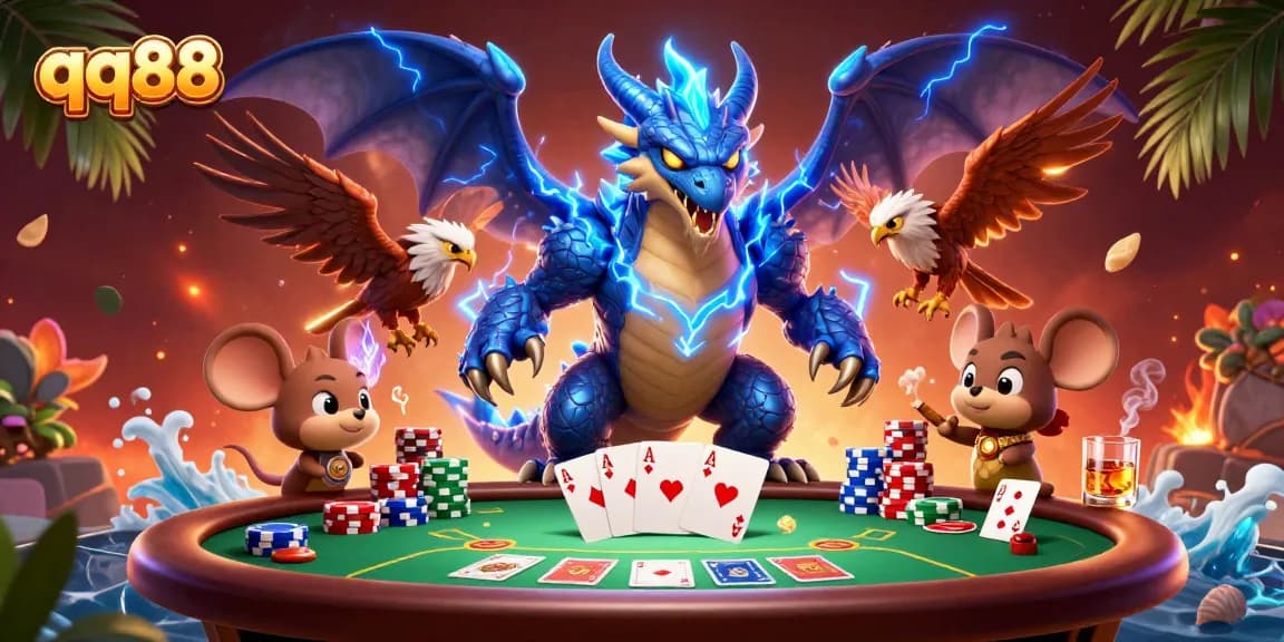 Join the excitement of qq88 with a dynamic 3D casino scene featuring poker elements and vibrant characters.