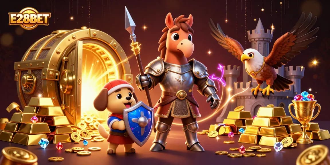 Win big with E28BET in an exciting fantasy casino illustration featuring knights and treasures.