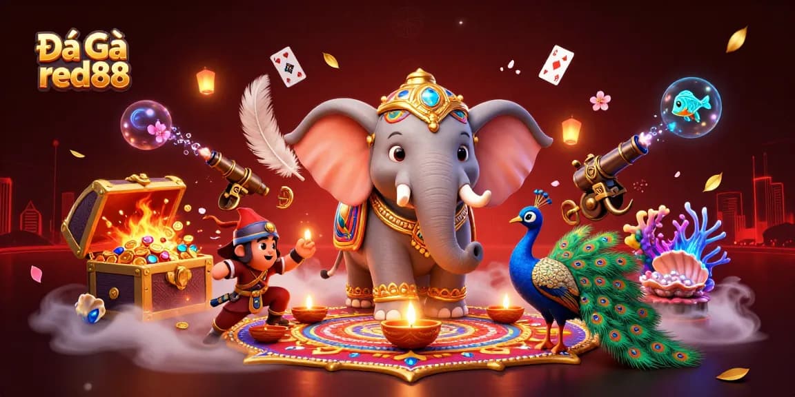 Engage in Đá Gà red88 with vibrant elephant arena featuring fire effects and dynamic game elements.