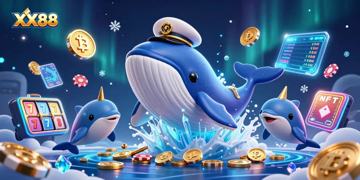 Engage with XX88 and win big at the casino with a vibrant 3D scene featuring playful whales and dolphins.