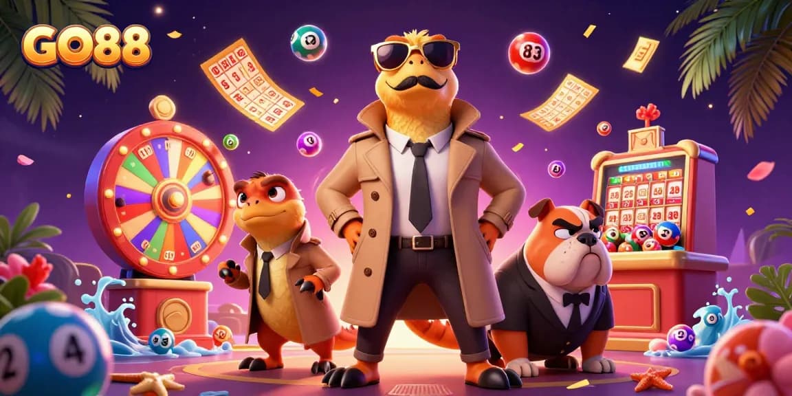 GO88 players engage with vibrant casino-themed elements in a fun, dynamic 3D scene.
