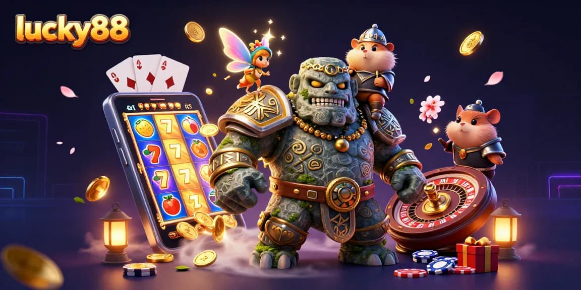 Experience the magic of lucky88 with a lively scene featuring a stone golem guardian surrounded by vibrant casino elements.