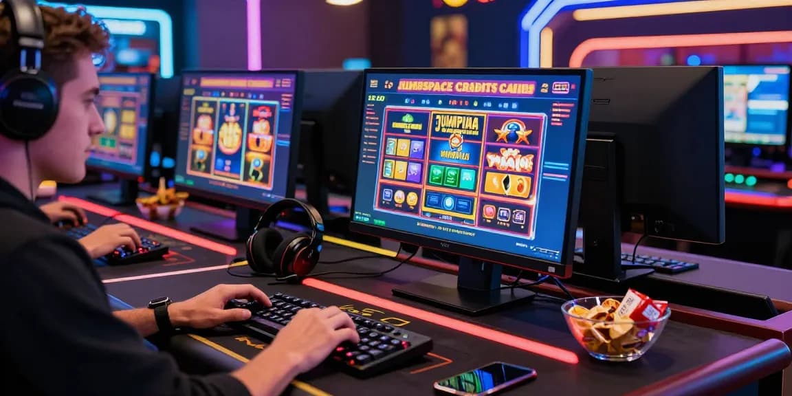 Exciting player experience at jumpspace credit card casinos with vibrant online gaming setup, showcasing slot games and promotions.