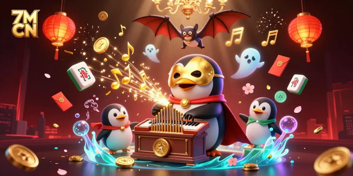 Engage with 7M CN in an enchanting scene of a golden-masked penguin playing an organ showering coins, amidst dynamic casino elements.