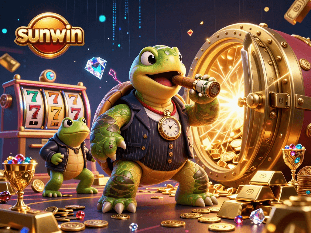 Experience the thrilling sunwin casino action with a cartoon turtle and bullfrogs in a vibrant illustration.