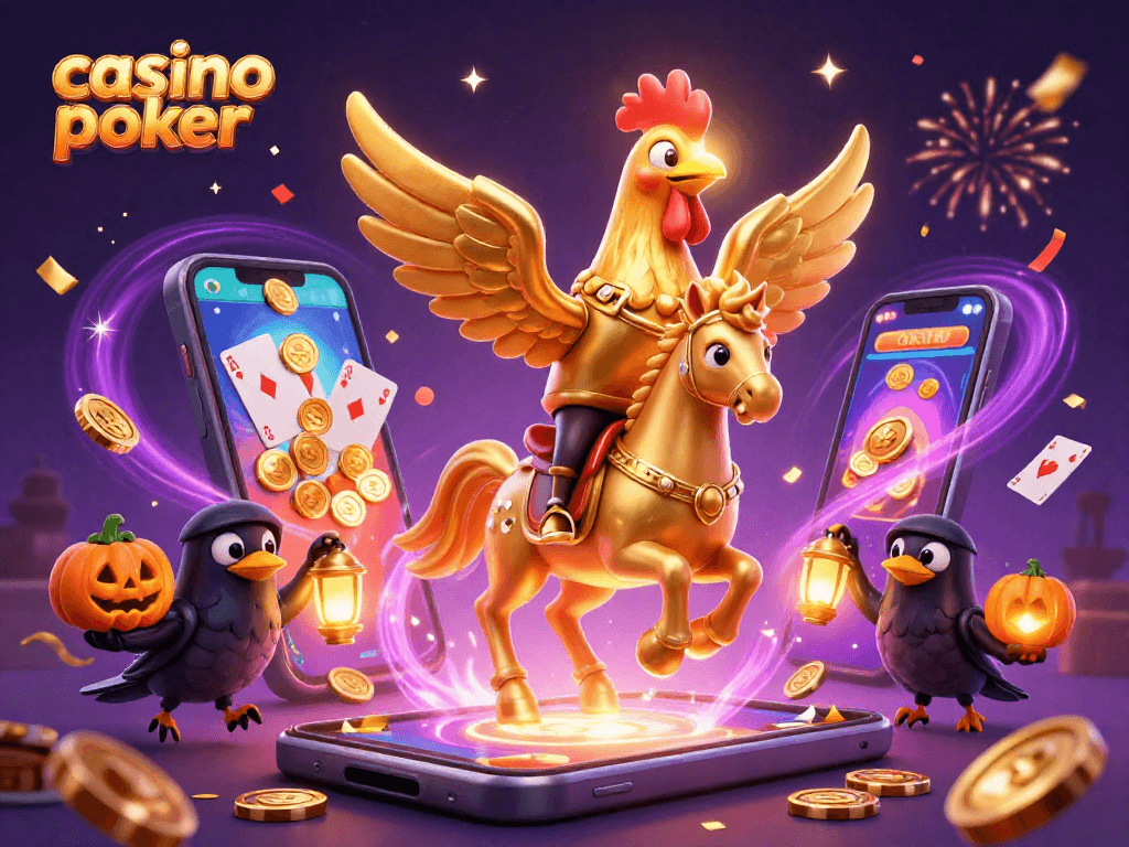 Engage with casino poker excitement as a golden rooster rides through a vibrant midnight casino, surrounded by festive elements.