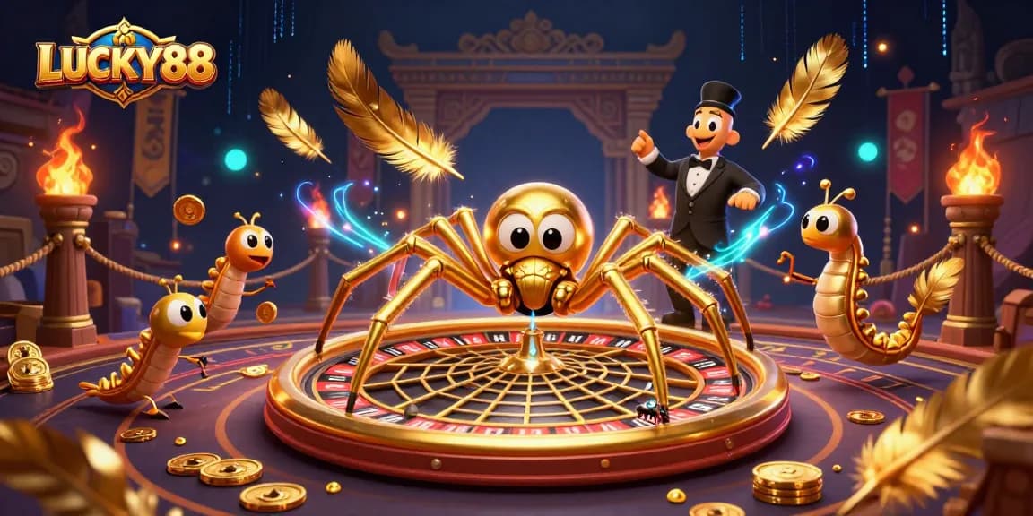 Engage with LUCKY88: a golden spider spinning a roulette web in a vibrant animated casino scene