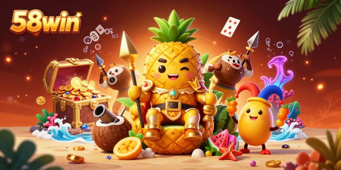 Experience the vibrant allure of 58win's dynamic casino scene with a golden pineapple king and tropical elements.