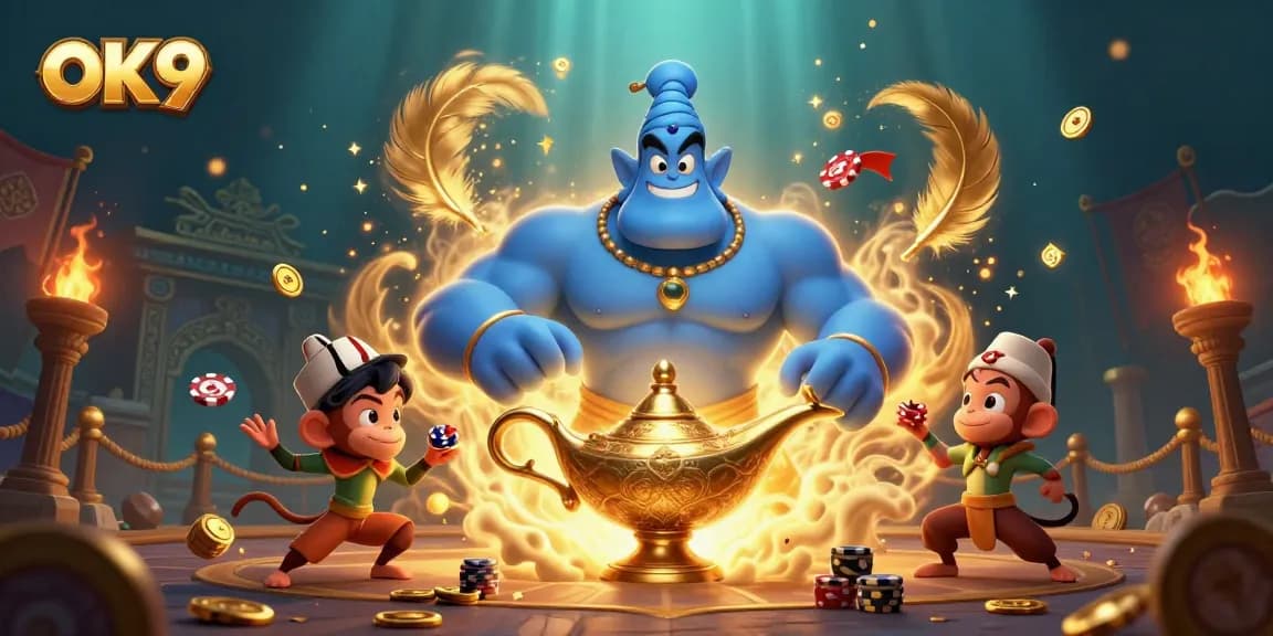 Engage with the thrilling world of OK9, featuring a genie, monkey, and magic carpet amidst stunning casino elements.