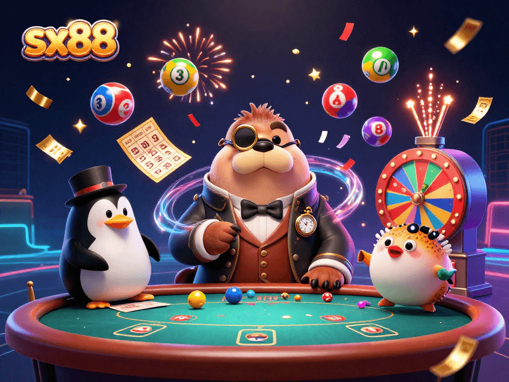 SX88 showcases a whimsical underwater poker scene featuring a jolly walrus, penguin dealer, and a bluffing pufferfish
