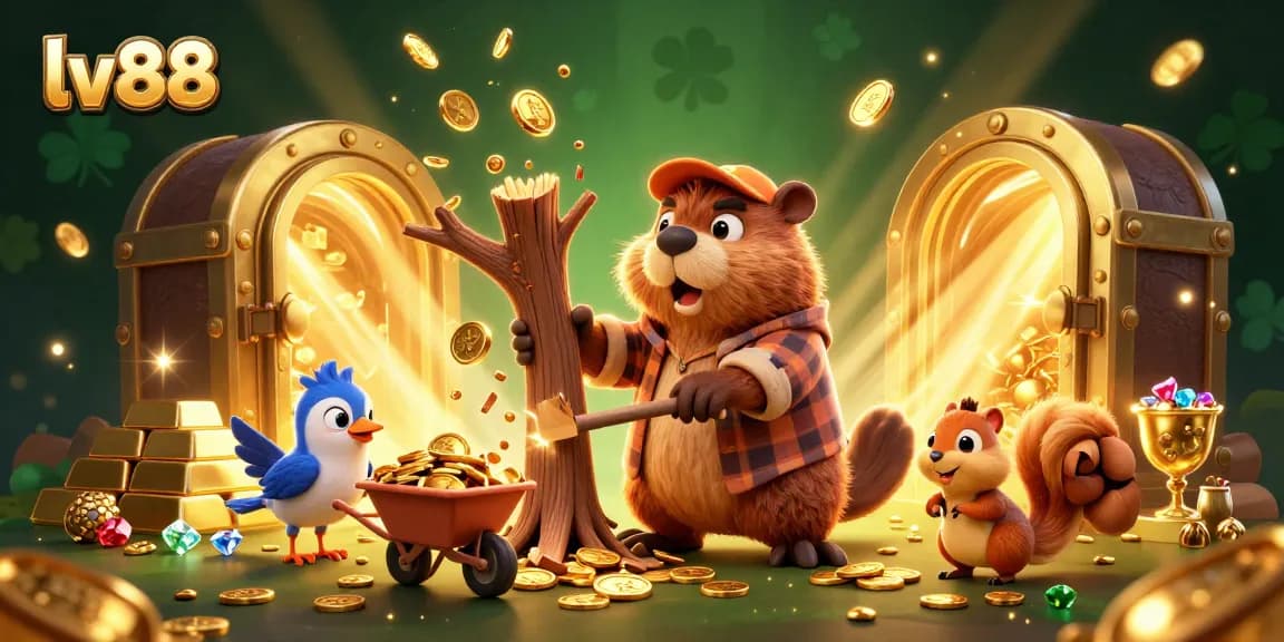 Experience the thrilling action at lv88 as playful characters celebrate winnings among gold and gems.