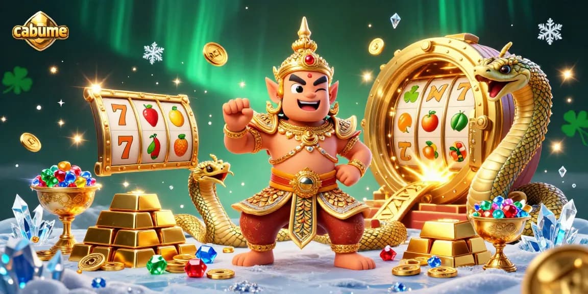 Engage with the vibrant cabume gaming scene featuring a Thai guardian with slot reels, gems, and golden treasures.