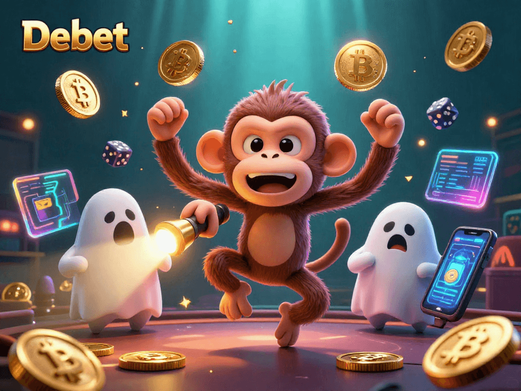 Experience thrilling gaming at Debet with a ghostly monkey juggling riches in a haunted casino.