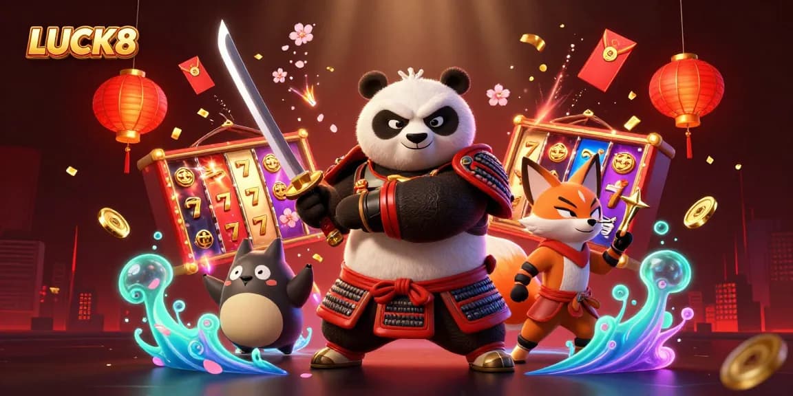 LUCK8 showcasing vibrant slots experience with a panda samurai and ninja fox in an engaging casino scene.