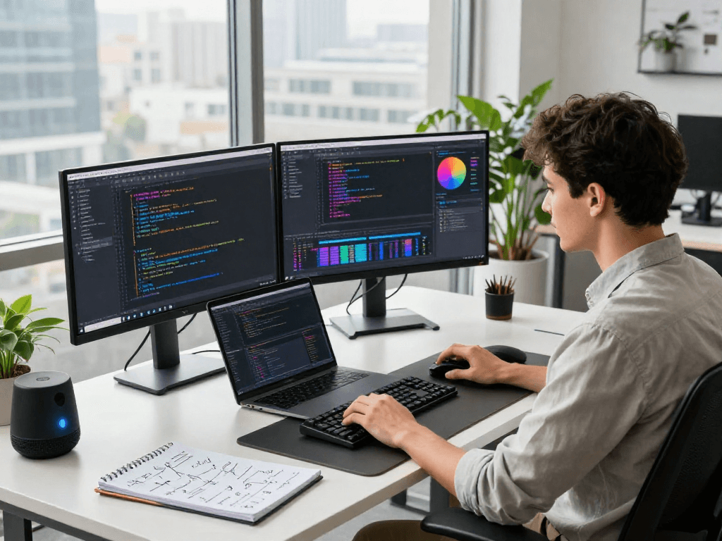 Desarrollador en oficina moderna utilizando Immediate Edge con tecnología avanzada y ambiente enfocado.