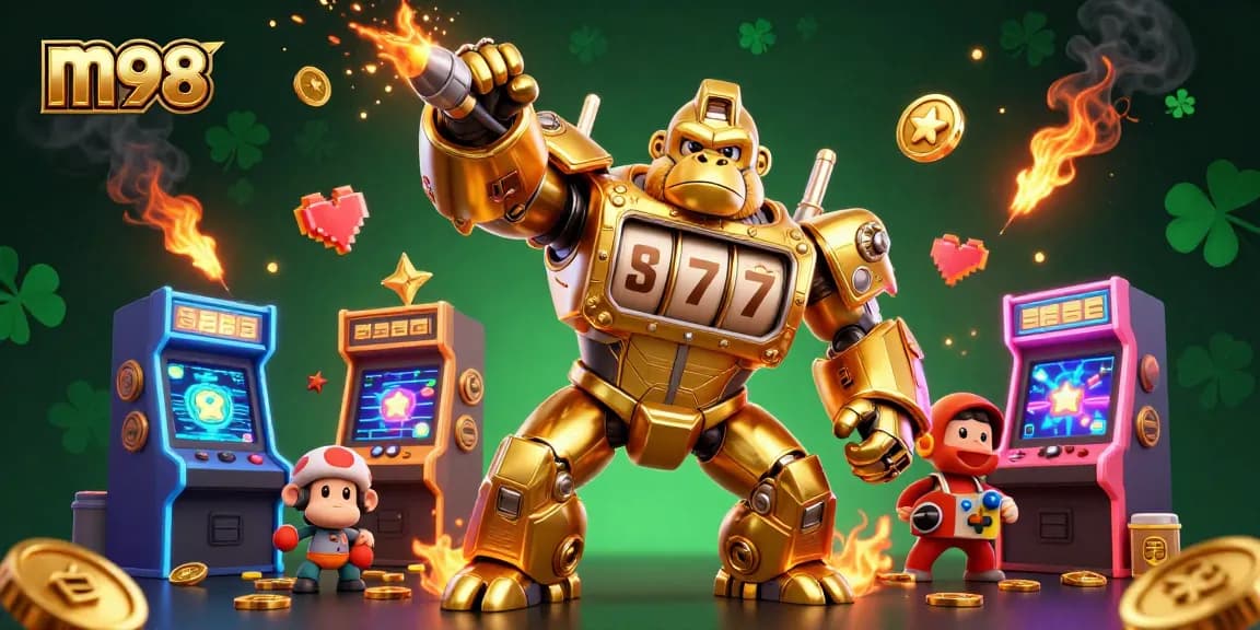 Engage in thrilling gameplay at m98 with an epic scene featuring a golden gorilla mech and arcade game elements.