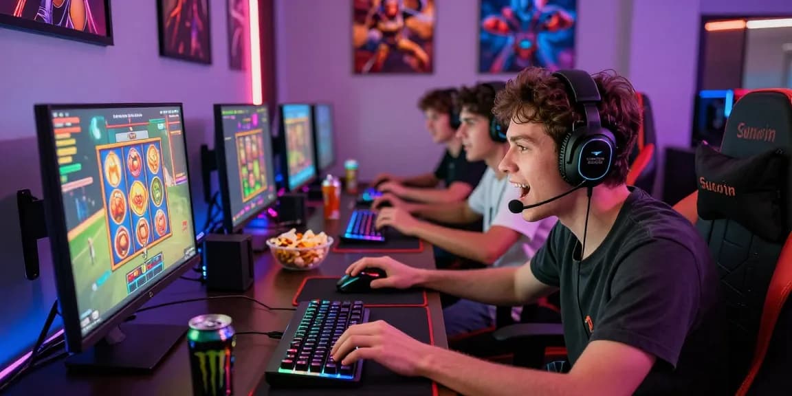 Sunwin gaming excitement with friends in a colorful setup showcasing dynamic slot games and vibrant atmosphere.
