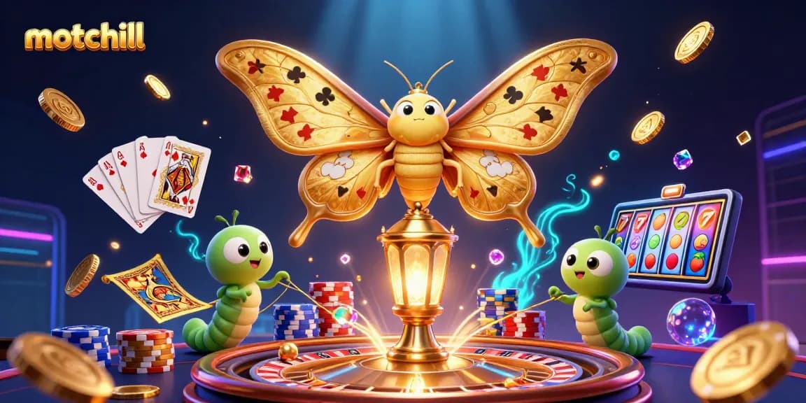 Experience thrilling moments with motchill, featuring a 3D scene of casino excitement and winning symbols.
