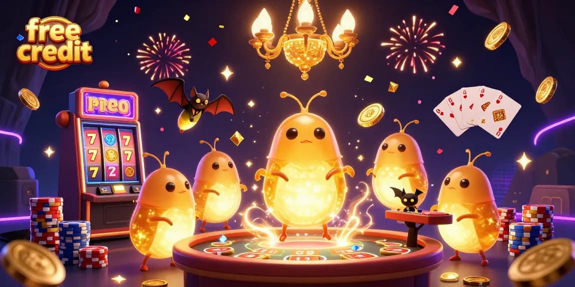 Experience free credit bonuses with colorful characters lighting up an exciting casino scene.