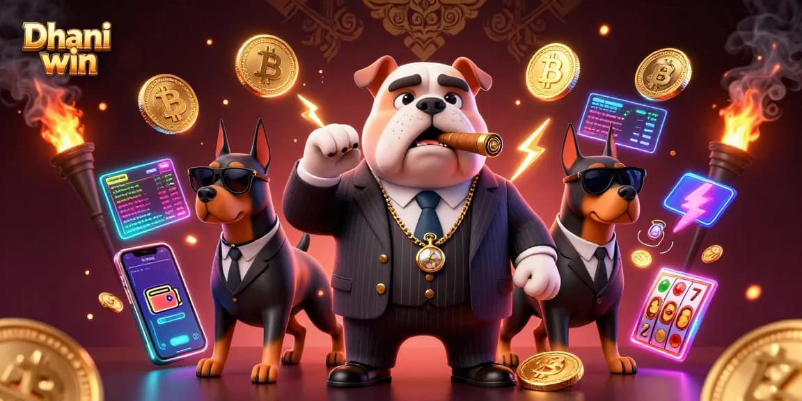 Dhani win focuses on exciting slot gameplay with a mafia theme, showcasing a bulldog in a suit.