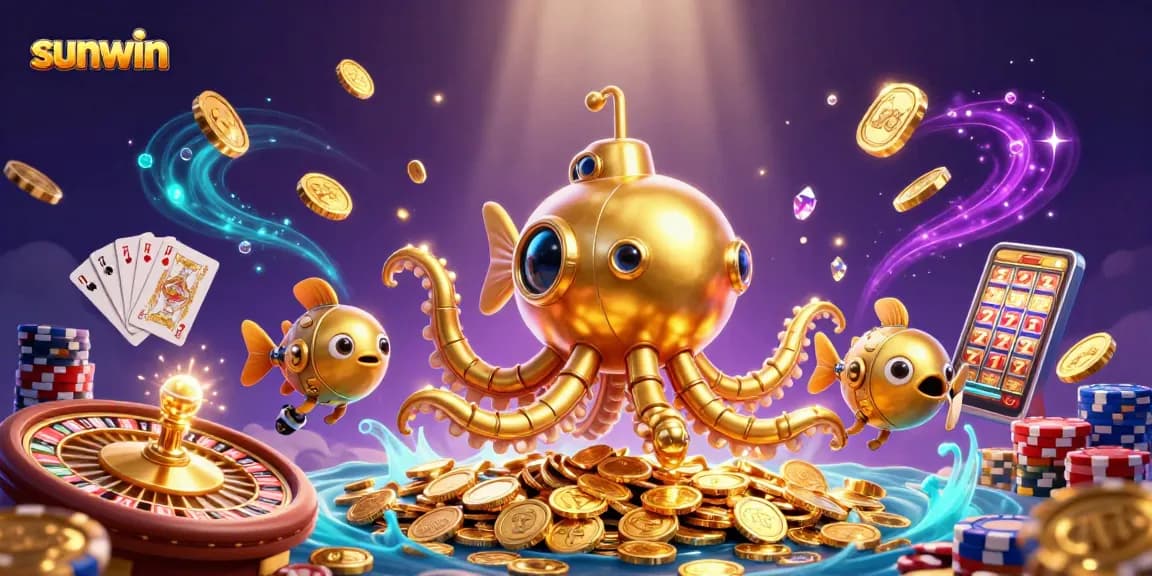 Experience the thrill of winning at sunwin with golden kraken and sparkling gems in a vibrant casino scene.
