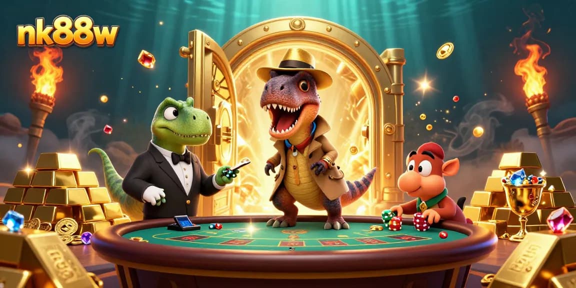 Visualize nk88w's thrilling casino atmosphere with a velociraptor card counter and gems bursting from a vault.
