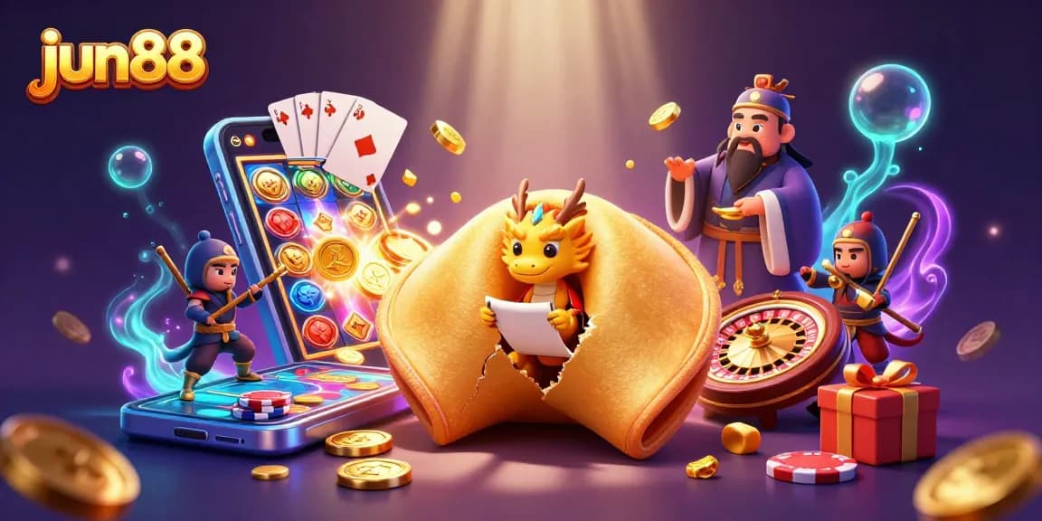 Experience the thrill of gaming with jun88, featuring a magical golden cookie and casino elements.
