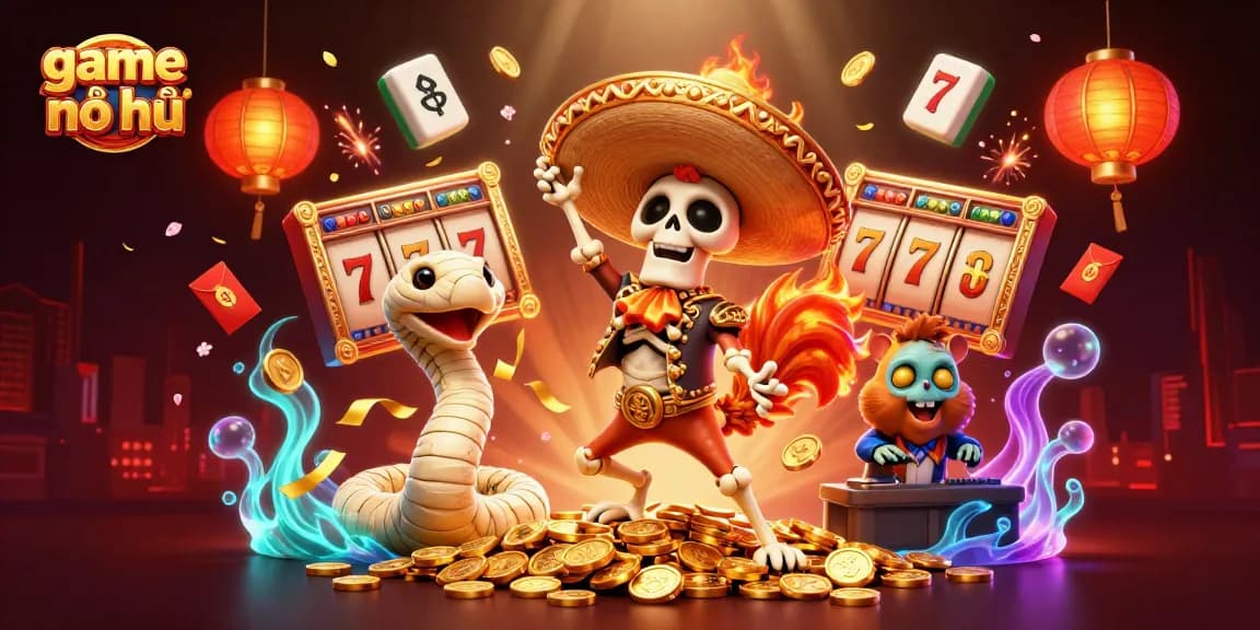 Play game nổ hũ with vibrant 3D characters celebrating wins on golden coins and slot reels.