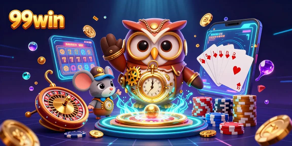 Experience the thrilling atmosphere of 99win with vibrant casino elements and rich 3D animation.