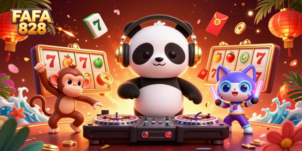 Experience the thrill of FAFA 828 with a lively casino party scene featuring vibrant characters in action.