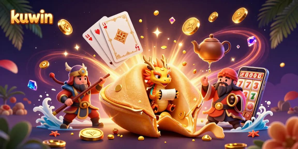 Kuwin players winning with a golden fortune cookie and festive casino elements in a vibrant scene.