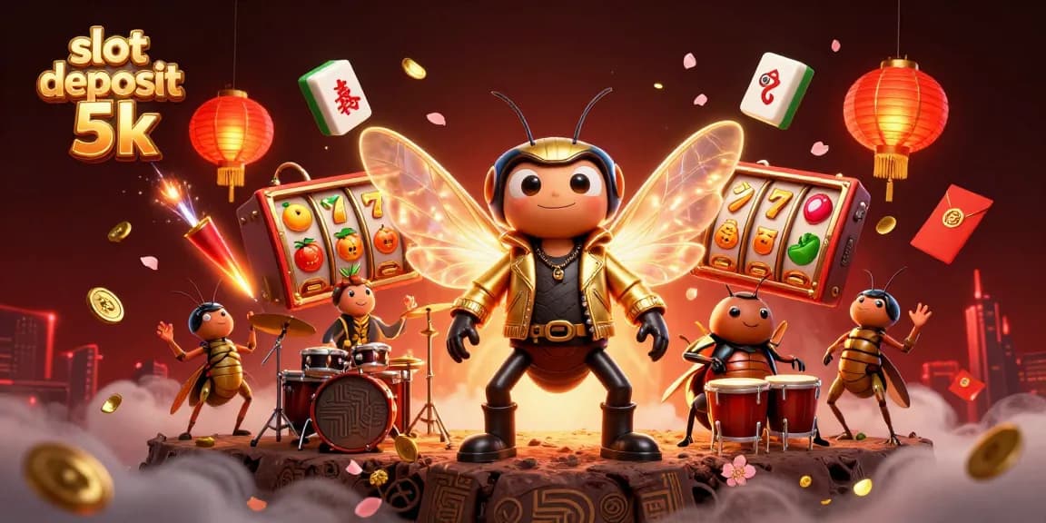 Engage with slot deposit 5k in vibrant 3D illustration of rock stars and spinning reels depicting casino excitement.