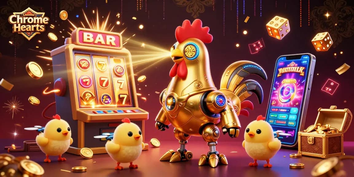 Engage with Chrome Hearts slot machines showcasing golden coins and vibrant game elements in an exciting casino scene.