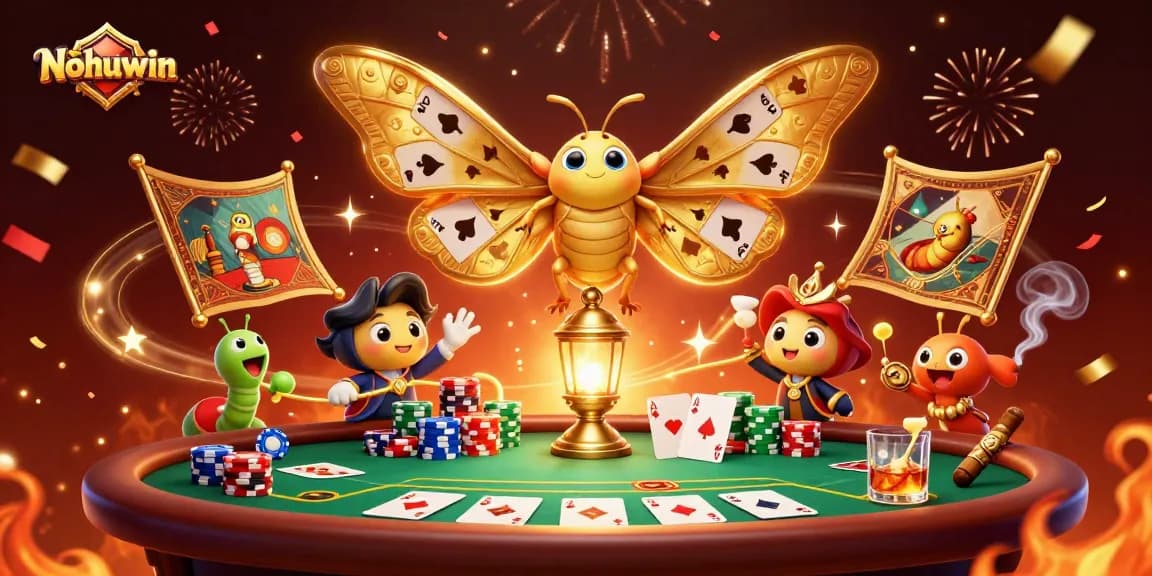Nohuwin showcases an engaging casino scene with a vibrant atlas moth and rich game elements.