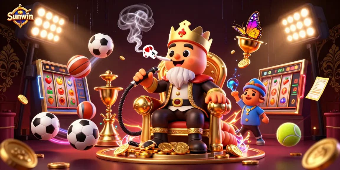 Sunwin captures excitement with an engaging 3D illustration of gambling wins and vibrant casino elements.