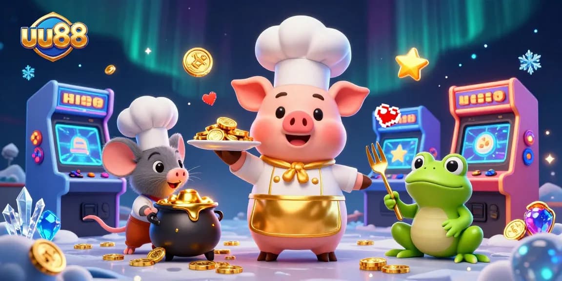 Join the excitement with uu88's vibrant casino-themed 3D illustration featuring engaging characters and gaming elements.