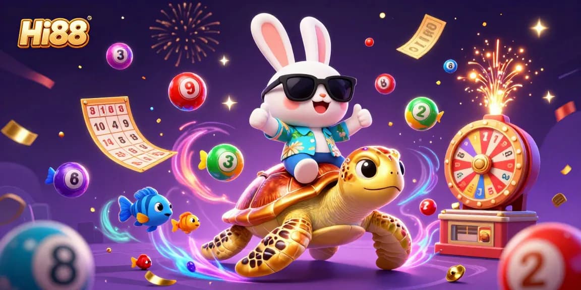 Join Hi88's thrilling world of gambling with an exciting scene of a lucky rabbit and sea turtle in a fun-filled casino adventure.