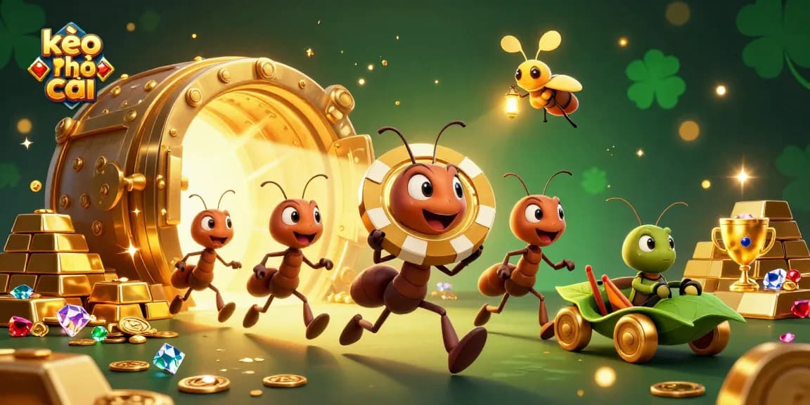 Engage with kèo nhà cái action in a lively heist scene featuring ants, poker chips, and golden treasures.