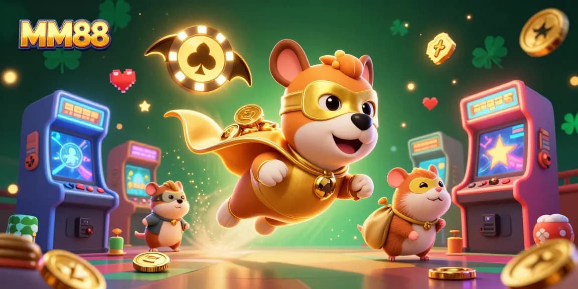 Join the fun at MM88 as a superhero dog carries gold coins, perfect for gamers and casino enthusiasts.