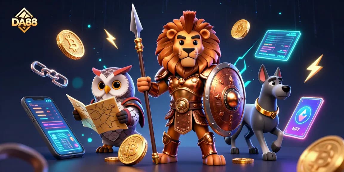 Experience thrilling gameplay at DA88, featuring a Spartan lion and dynamic characters in an immersive casino setting.