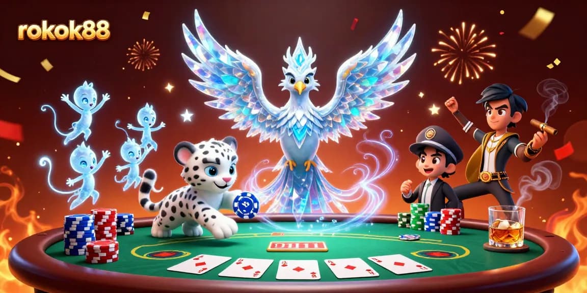 Engage with rokok88's unique gaming experience through vibrant cartoon scenes featuring an ice phoenix and poker elements.