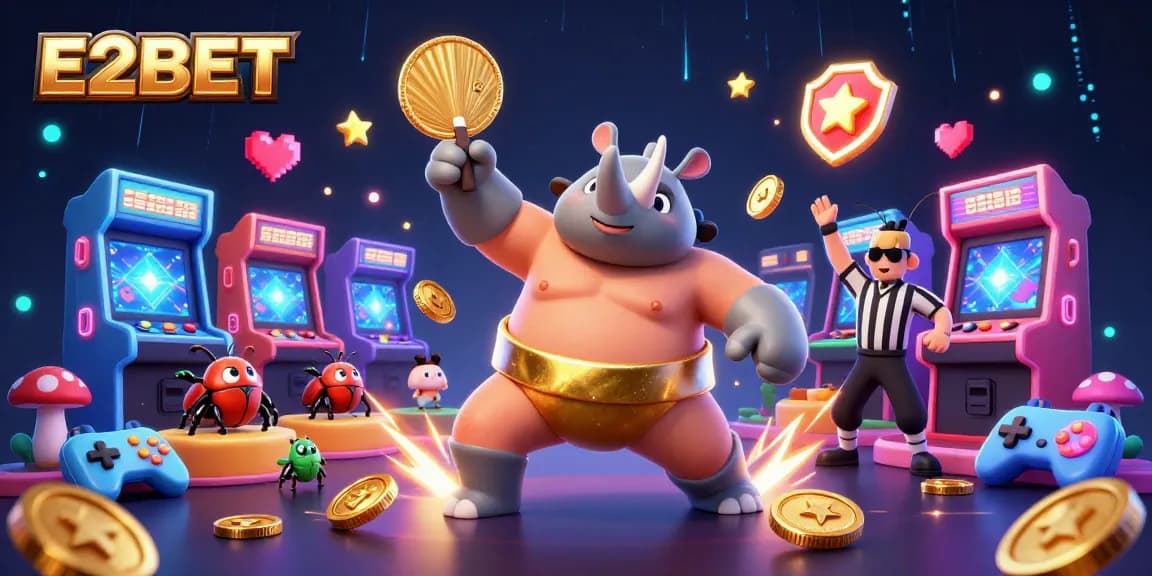 E2BET showcases a dynamic gambling scene with a beetle champion, golden coins, and arcade elements.