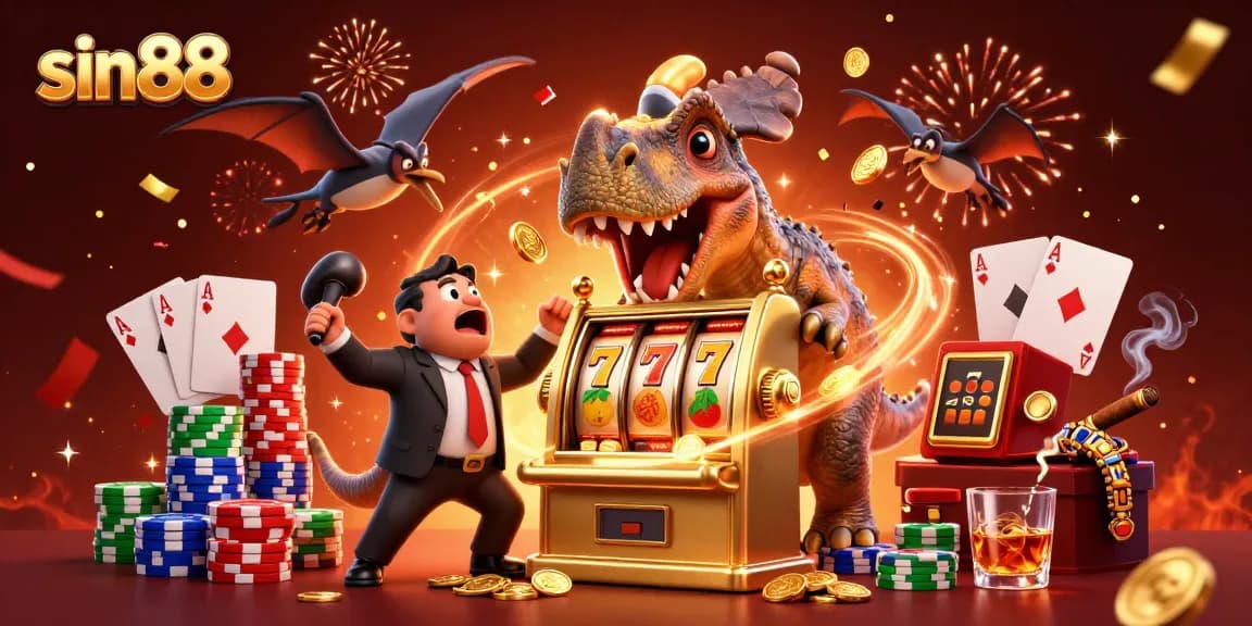 Catch winning coins in sin88's vibrant casino scene with cartoon dinosaurs and a golden slot machine.