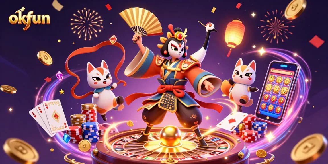 okfun showcases a vibrant casino scene with a kabuki warrior, magical elements, and dynamic casino games.
