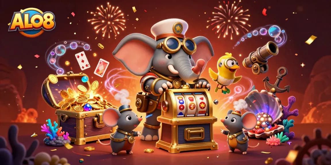 Engage with ALO8's thrilling casino experience through a vibrant steampunk themed illustration featuring exhilarating game elements.